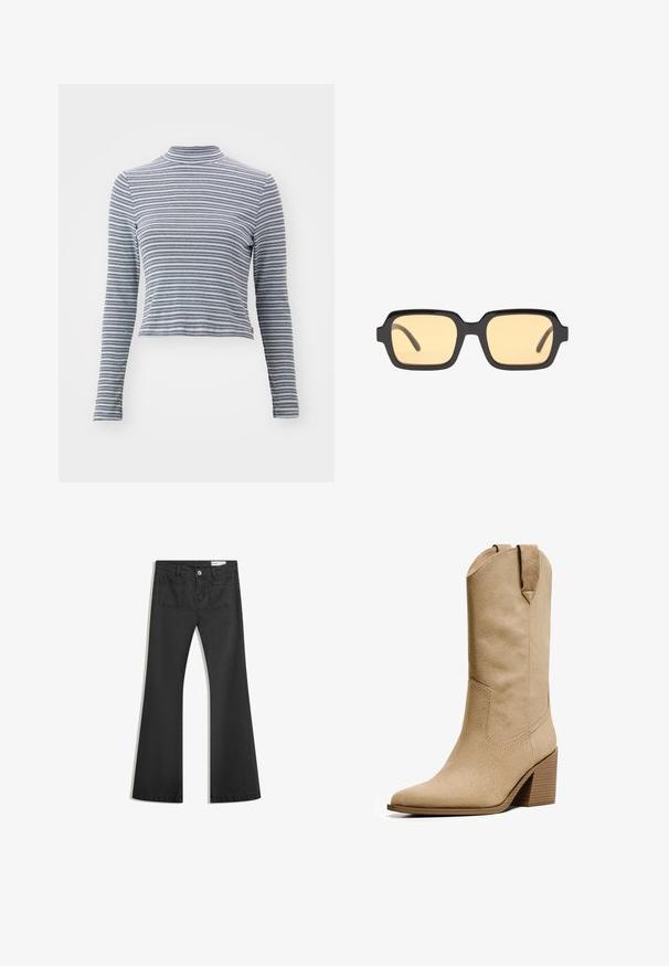 Stribet langærmet turtleneck top i blødt stof. Har smalle vandrette sort-hvide striber og en tætsiddende pasform.; Sorte flared jeans lavet af denim med en glat tekstur, som har to baglommer og en knaplukning i taljen.; Bershka HIGH-HEEL - Cowboy- / bikerstøvler - beige; Sorte rektangulære solbriller med gule linser, letvægtsramme og karakteristiske slørede kanter på temple. Glat, blank finish.