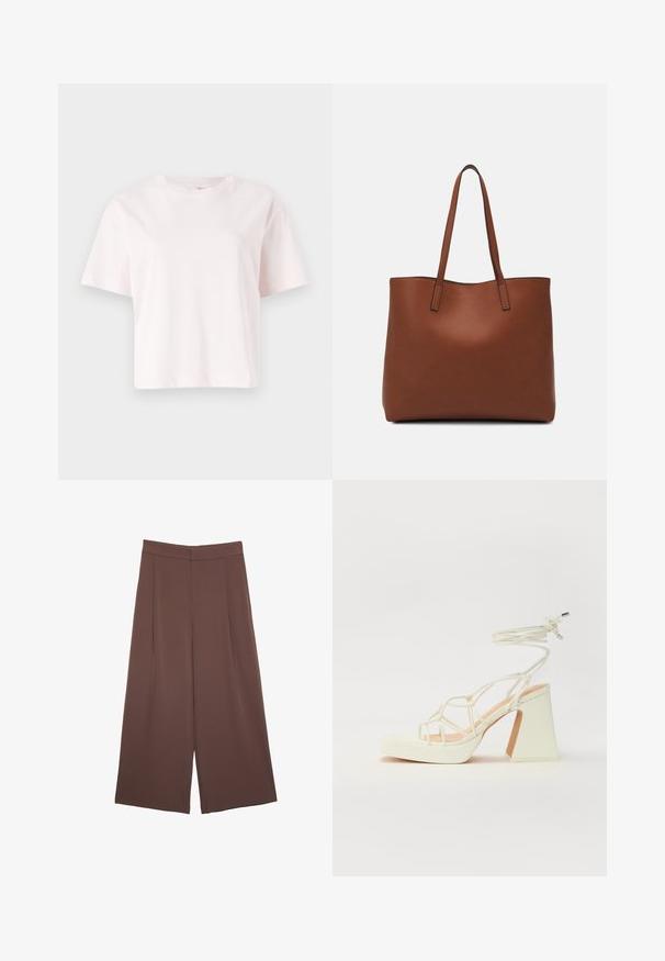 Helles Rosa, kurzärmliges, verkürztes T-Shirt aus weicher Baumwolle. Verfügbar mit einem Rundhalsausschnitt und einem lässigen Schnitt. Keine sichtbaren Muster oder Metallteile.; Braune Weite-Leg-Hosen mit einer glatten Textur, hoher Taille und Vorderfalten. Der Stoff ist leicht und fällt locker.; Weiße High-Heel-Sandale mit einem klobigen Absatz, die über ein Riemchendesign und ein Knöchelband verfügt. Glatte Textur mit einer Plattform vorne für zusätzliche Höhe.; Braune Leder-Tote mit glatter Textur, offenem Oberteil und zwei Schulterriemen. Verfügt über minimale Nähte und keine sichtbaren Beschläge.