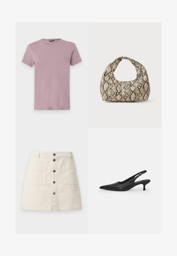 Moška majica s kratkimi rokavi v svetlo mauve barvi, izdelana iz mehke tkanine. Ima kratke rokave, običajen kroj, gladko teksturo in brez vidnih vzorcev.; Bež mini krilo iz korduroja z zapiranjem na gumb spredaj, dvema velikima žepekoma in zankami za pas na pasu.; Črne usnjene sandale z odprtim peto in konično oblikovanim prstom ter ozkim, ukrivljenim petnim delom. Imajo diskretno nastavljivo zaponko z kovinsko sponko.; Torba z vzorom kače s ukrivljenim ročajem. Narejena iz teksturiranih, bež in rjavih materialov, ki imajo značilen diamante vzorec.