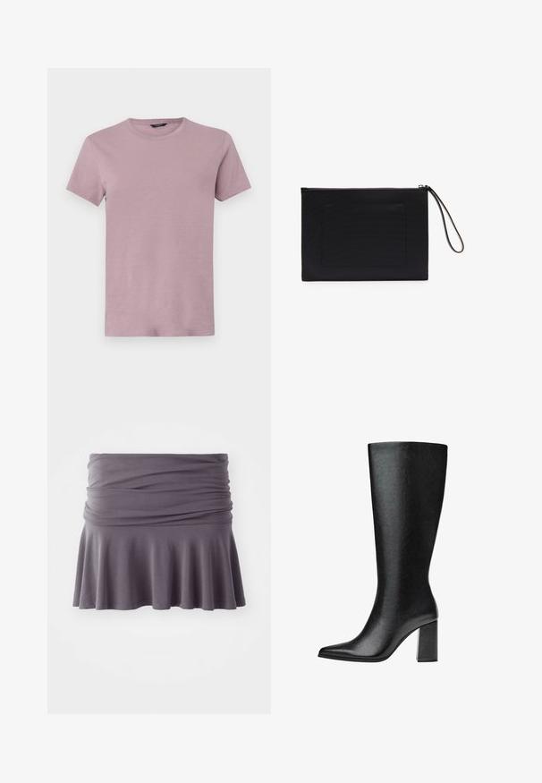 Men's crew neck t-shirt in light mauve, made of soft fabric. Short sleeves, regular fit, with a smooth texture and no visible patterns.; Gray, knee-length skirt made of soft fabric with a gathered waist and flared hem. Features smooth texture and simple design.; Black knee-high boot made of faux leather with a pointed toe, smooth texture, and a chunky block heel. Minimalist design with no visible accents.; Black clutch bag made from textured fabric with a rectangular shape, featuring a zip closure and a wrist strap. Includes a front pocket.