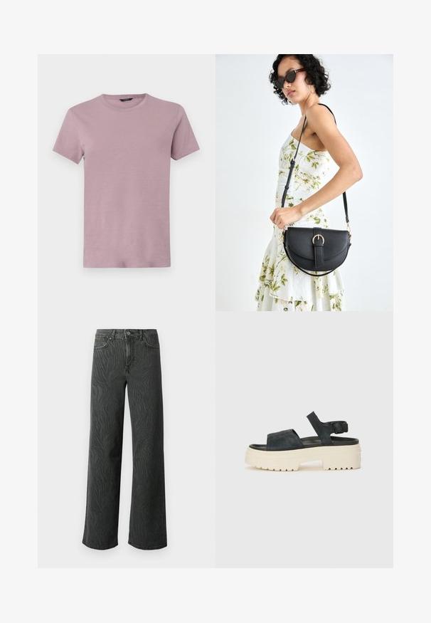 T-shirt de homem com gola redonda em mauve claro, feito de um tecido macio. Mangas curtas, corte regular, com uma textura suave e sem padrões visíveis.; Calças de perna larga em denim cinza escuro, apresentando uma textura sutil de padrão zebra, costura em contraste e um design de cinco bolsos com fecho de botão.; Sandálias de plataforma em camurça preta com uma sola branca e grossa, tiras frontais largas e fivela ajustável no tornozelo. Sola texturizada para melhor aderência.; Bolsa de couro preta com forma curva, alça destacável e detalhes em dourado. A bolsa possui uma aba com detalhe de fivela.