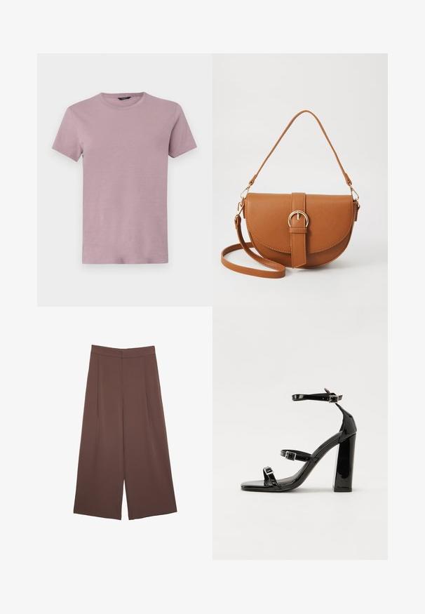 Moška majica s kratkimi rokavi v svetlo mauve barvi, izdelana iz mehke tkanine. Ima kratke rokave, običajen kroj, gladko teksturo in brez vidnih vzorcev.; Rjave široke hlače z gladko teksturo, ki imajo visok pas in sprednje naborke. Tkanina je lahka in prosto pada.; Črne lakirane sandale s peto, kvadratnim prstom, trakovi okrog gležnja in srebrnimi zaponkami. Opremljene so s stabilno Debelo peto.; Rjava usnjena torbica prek telesa s ukrivljeno obliko, zlate opreme in sponko. Ima odstranljiv naramni trak.