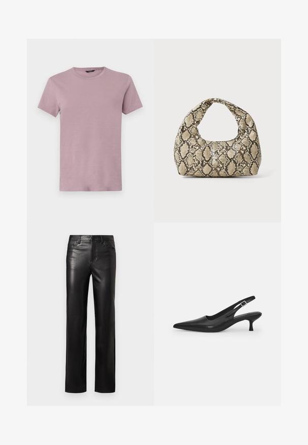 Vīriešu apģērbs ar apaļu kakla izgriezumu gaisā mauve krāsā, izgatavots no mīkstas auduma. Īsas piedurknes, standarta piegriezums, ar gludu tekstūru un bez redzamām zīmējumiem.; Melni ādas bikses ar taisnu griezumu, ar pogu aizdari un priekšējiem kabatām. Gluda tekstūra ar smalkiem šuvju rakstiem.; Melnas ādas slīdošās kurpes ar norādītu pirkstu un šauru, izliekta papēdi. Ar diskrētu regulējamu siksniņu ar metāla sprādzi.; Čūsku raksta soma ar izliekto rokturi. Izgatavota no teksturētiem, bēšiem un brūniem materiāliem, ar izteiksmīgu dimanta rakstu.