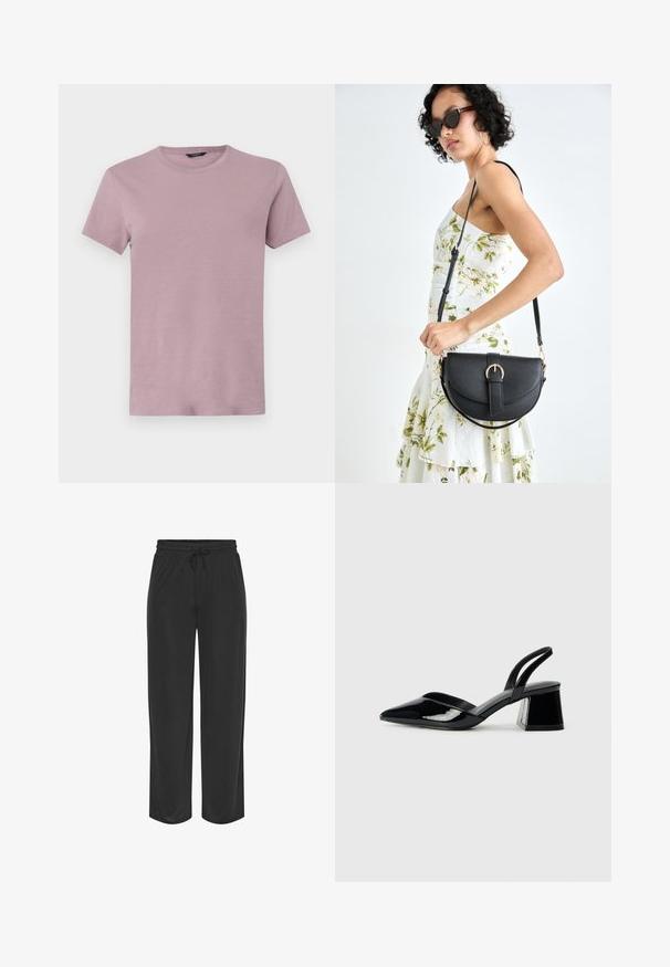 Tricou masculin cu guler rotund, de culoare mauve deschis, realizat dintr-un material moale. Mâneci scurte, croială obișnuită, cu o textură netedă și fără modele vizibile.; Pantaloni de jogging negri, ușori, cu un tiv elastic și șnur ajustabil. Design drept cu textură netedă și fără modele.; Pantofi cu toc slingback din piele lacuită neagră, cu vârf ascuțit și toc geometric. Prezintă un design elegant, minimalist și o textură netedă.; Geantă din piele neagră, cu o formă curbată, curea detașabilă și accesorii aurii. Geanta are un capac cu un detaliu tip cataramă.