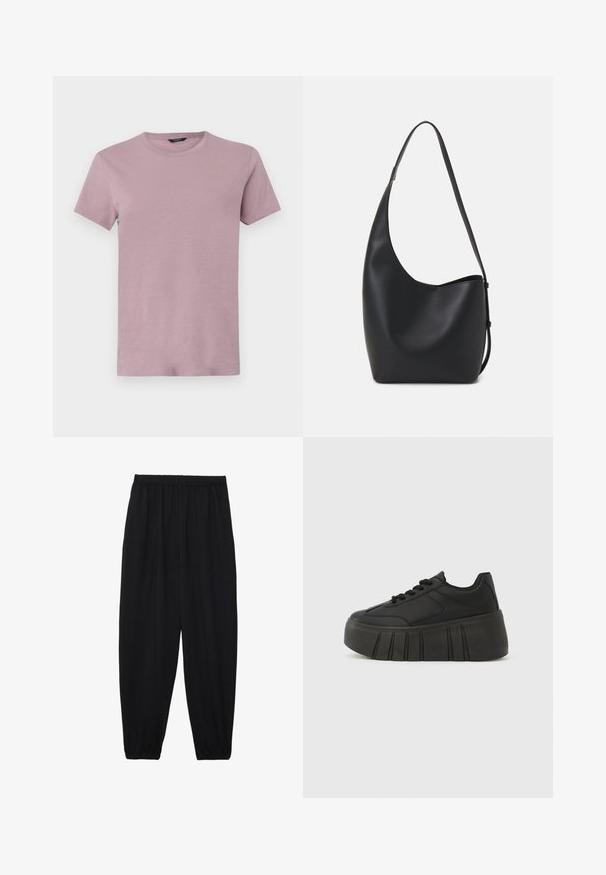 Camiseta de hombre de cuello redondo en un suave tono mauve, confeccionada en una tela suave. Mangas cortas, corte regular, con una textura lisa y sin patrones visibles.; Pantalones negros, ligeros, con cintura elástica y tobillos fruncidos. La tela es suave y presenta un diseño relajado y ajustado.; Zapatillas negras de plataforma con parte superior sintética lisa, punta redondeada, diseño con cordones y suela gruesa y estriada para mayor altura.; Bolso tipo hobo de cuero negro con una textura suave, forma curvada y una sola correa ajustable; presenta una amplia apertura en la parte superior.