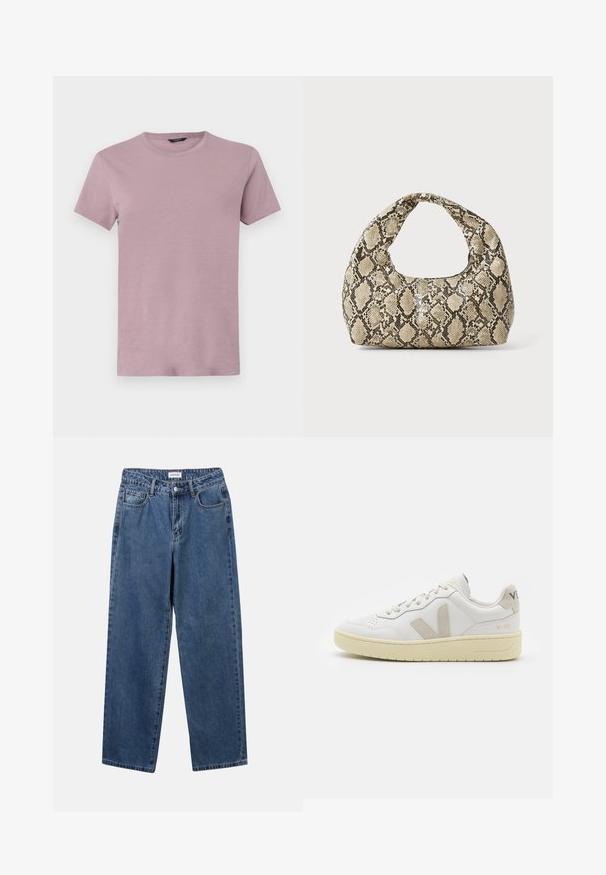 Miesten pyöreä kaula-aukko t-paita vaaleanpunaisessa mauvessa, valmistettu pehmeästä kankaasta. Lyhyet hihat, normaali malli, sileä pinta ilman näkyviä kuvioita.; Classiset siniset farkut suoran lahkeen muotoilulla, viidellä taskulla ja napillakaan. Ominaisuudet: keskivahva pesu ja kestävä rakenne.; Valkoiset nahkakengät, joissa on vaaleanruskeat pigmenttisuojat, rei'itetty kärki, litteät nauhat ja teksturoitu kermaisa pohja. Takana on huomaamaton brändäys.; Käärmeennahkakuosiset käsilaukku, jossa on kaareva kahva. Tehty teksturoiduista beigeistä ja ruskeista materiaaleista, joissa on erottuva timanttikuvio.