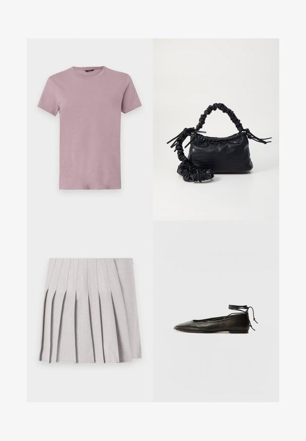 Muška majica s kratkim rukavima u svijetloj ljubičastoj boji, izrađena od mekog materijala. Klasičan kroj, s glatkom teksturom i bez vidljivih uzoraka.; Siva plisirana suknja s glatkom teksturom, koja ima više okomitih nabora i usku liniju struka. Izrađena od lagane tkanine.; Crne kožne baletanke s oštrim prstom, vezanjem oko članaka i ravnim potplatom, s glatkom teksturom i minimalističkim dizajnom.; Crna torba od umjetne kože s teksturom krokodila, s cinčanim vrhom i naboranom trakom. Izgleda mekano i kompaktno u dizajnu.
