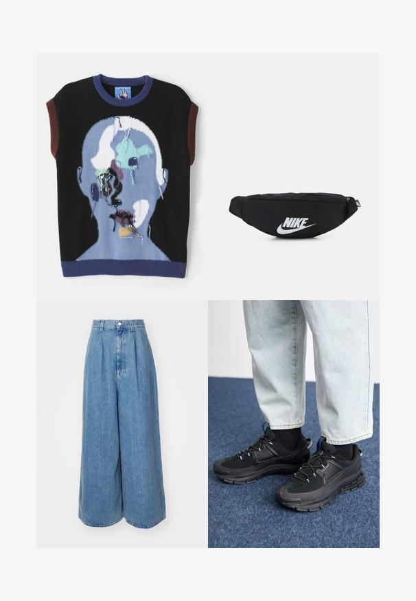 Musthave musträtiline must kudum ilma varrukateta, millel on abstraktse näo kujundus sinises ja mitmevärvilises mustris, kontrastsete pruuni ja sinise aktsentidega.; Heledad sinine denim culotte'de kõrge vöökoht, laiad sääred, ees pleedid ja üks nupp sulgemiseks. Pehme tekstuur puhta viimistlusega.; Mustad mustad jooksukingad, millel on tekstureeritud kangas ja kummist tallad, elastsed nöörid ning sinine aksent kandadel. Kandmine heledate teksadega.; Must must sisaldav must nailonist vöötasku, millel on lukuga sulgemine ja suur valge Nike logo. Sile tekstuur ja ergonoomiline disain mugavaks kandmiseks.