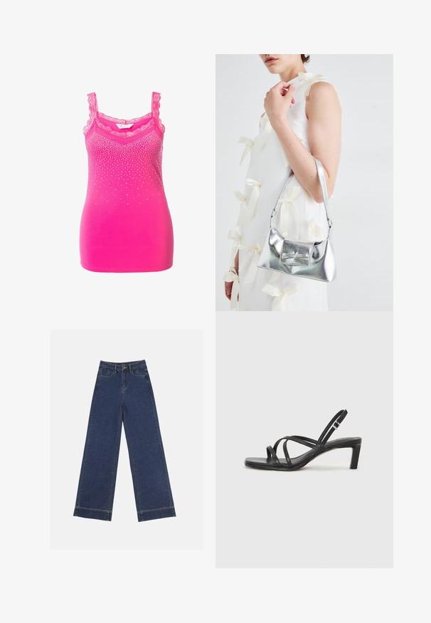 Růžový top na ramínka s krajkovým lemem a nastavitelnými ramínky, zdobený gradientním vzorem malých kamínků po celé přední části. Hladká textilie.; Džíny s širokými nohavicemi v tmavě modrém denimovém provedení. Disponují pěti kapsami, poutky na opasek a surovým lemem na spodní straně s viditelnými detailem šití.; Černé sandály na tenkém podpatku se čtveratou špičkou a nízkým blokovým podpatkem. Mají několik tenkých popruhů a nastavitelné zapínání okolo kotníku. Vyrobeny z hladké kůže.; Stříbrná kovová kabelka se strukturovaným tvarem, s horním držadlem a detailem v podobě mašle na přední straně. Hladký povrch, reflexní lesk.