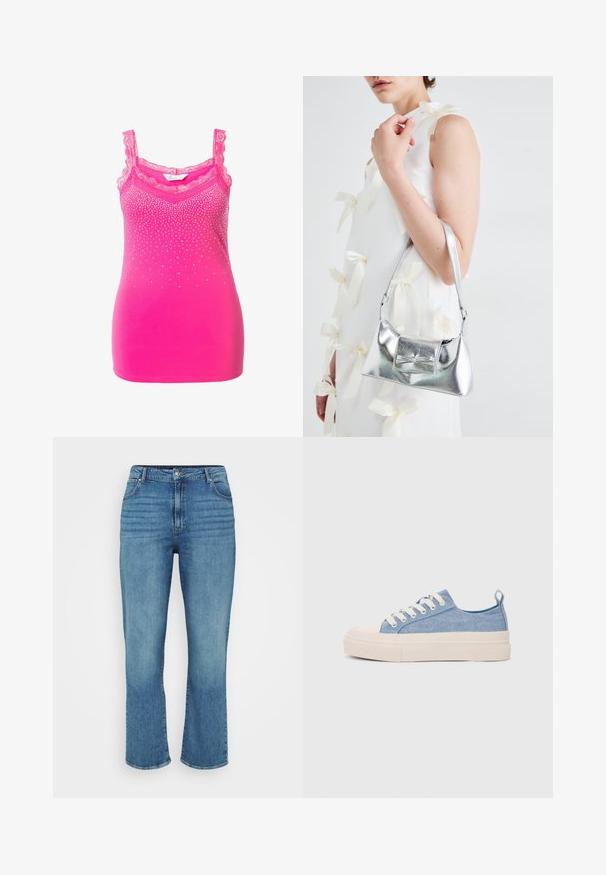 Růžový top na ramínka s krajkovým lemem a nastavitelnými ramínky, zdobený gradientním vzorem malých kamínků po celé přední části. Hladká textilie.; Světle modré džíny s rovnými nohavicemi, obsahující pět kapes, poutka na opasek a jemné vyblednutí v přední části.; Světlé modré plátěné tenisky s krémovou gumovou špičkou a podrážkou, které mají bílé tkaničky a poutko na patě.; Stříbrná kovová kabelka se strukturovaným tvarem, s horním držadlem a detailem v podobě mašle na přední straně. Hladký povrch, reflexní lesk.
