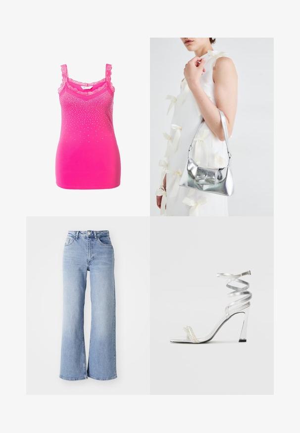 Růžový top na ramínka s krajkovým lemem a nastavitelnými ramínky, zdobený gradientním vzorem malých kamínků po celé přední části. Hladká textilie.; Světle modré kalhoty s vysokým pasem a širokými nohavicemi, s předními a zadními kapsami, zapínáním na knoflík a jemným zesvětlením na stehnech a lemech.; Stříbrná sandál s vysokým podpatkem a lesklým designem pásku, se zdobným akcentem připomínajícím perlu a spirálovým kotníkovým páskem pro bezpečné uchycení.; Stříbrná kovová kabelka se strukturovaným tvarem, s horním držadlem a detailem v podobě mašle na přední straně. Hladký povrch, reflexní lesk.