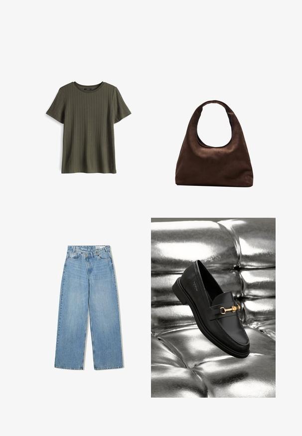 Dark green ribbed short-sleeve t-shirt with a round neckline, featuring a soft texture and subtle stitching detail along the hem.; Light blue wide-leg jeans made of denim, featuring a high waist, five pockets, button closure, and subtle fading for texture.; Black leather loafer with a gold-tone hardware detail. The shoe features a sleek design and a smooth, shiny texture.; Soft brown hobo-style handbag with a single wide strap and a curved top handle opening, displayed on a white background.