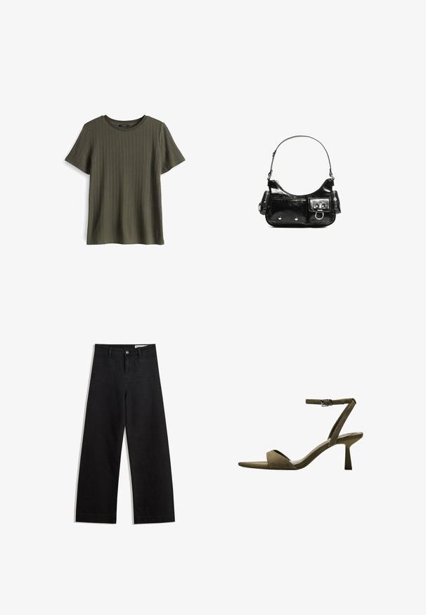 Dark green ribbed short-sleeve t-shirt with a round neckline, featuring a soft texture and subtle stitching detail along the hem.; Black wide-leg denim pants with a high waist, featuring front and back pockets, stitched seams, and a button closure. Smooth texture.; Bershka WITH ANKLE STRAP - Sandals - mottled green; Black patent leather handbag with a curved shape, one shoulder strap, front pockets, and silver-tone hardware accents.