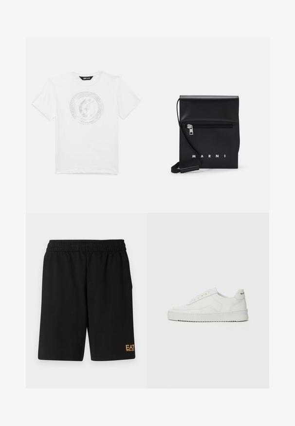 Bílé tričko s krátkým rukávem a kulatým výstřihem, s stříbrným obvodovým hadem a logem písmene "J" s textem "Just Cavalli" na přední straně.; Černé sportovní šortky vyrobené z měkké látky, s elastickým pasem a malým žlutým logem EA7 na dolní části levé nohy.; Bílé kožené tenisky s hladkým povrchem, kulatou špičkou, plochými tkaničkami a texturovanou podrážkou. Na patě se nachází nenápadné logo.; Černá kožená kabelka přes rameno s přední zipovou kapsou, embosovaným logem a nastavitelným popruhem. Hladký povrch s pevnou strukturou.