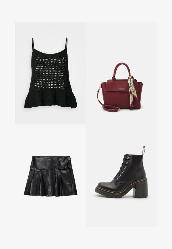 Mustast silmuskoeline tank top, millel on lahti kudumise muster, õhukesed rihmad ja põrandat puudutav äär, mis lisab kuju ja tekstuuri.; Must mustriba nahk-seelik voldikute ja laia vöökohtaga, millel on külgedel kaks pandla aksessuaari. Sile tekstuur ja läikiv viimistlus.; Must musta jalaehted, millel on paksad kõrged kontsad, nööpidega ees, metallist silmad ja kollane õmblus tallal. Tekstuuriga kummist välistald.; Burgundi värvi käekott, mis on valmistatud sünteetilisest materjalist, struktureeritud disainiga, eemaldatava rihma ja käepideme külge seotud lillemustrilise salliga.