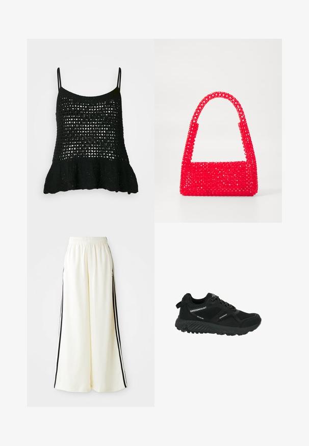Black knitted tank top featuring a loose crochet design, thin straps, and a flared bottom hem for added shape and texture.; White wide-leg pants with elastic waistband and black vertical stripes along outer seams.; Black waterproof hiking shoe with mesh panels, textured sole, round toe, and reflective laces. Features logo and pull tab on heel.; Red handbag made of beaded plastic, featuring a square base and a curved handle. The surface has a textured, glossy finish with a pattern of beads.; Long silver earrings featuring an array of clear, faceted crystals in cascading strands with varying lengths and shapes.