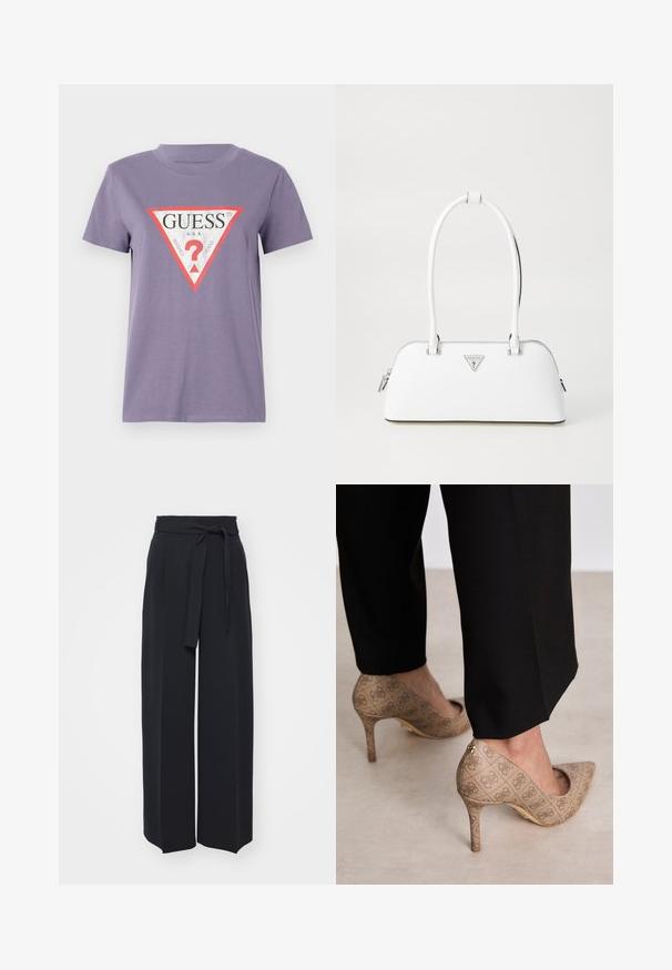 Lilla kortermet T-skjorte laget av bomull, med en stor trekantet logo med "GUESS U.S.A." tekst i rødt og hvitt.; Bredde ben sorte bukser laget av myk stoff. Har belted liv og frontfolder. Jevn tekstur med et rent, moderne design.; Beige høyhælte sko med teksturert stoff som har et gjentatt mønster. Spiss tådesign med bakdetalj og gullhelsjekk.; Hvit skinnhåndveske med en buet form, utstyrt med en sølvfarget, trekantet logo og glidelåsstengning. Glatt tekstur og doble håndtak.