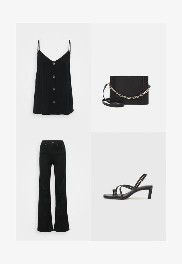 Black camisole with thin adjustable straps, a V-neck, and six front buttons. Soft fabric with a smooth, lightweight texture.; Black flared jeans made from denim, featuring a high waist, five pockets, and metal button closure. Smooth texture with minimal detailing.; Black strappy sandal with a square toe and a low block heel. Features multiple thin straps and an adjustable ankle strap. Made of smooth leather.; Black leather crossbody bag featuring a smooth texture, rectangular shape, and a metallic chain detail on the front. Adjustable strap included.