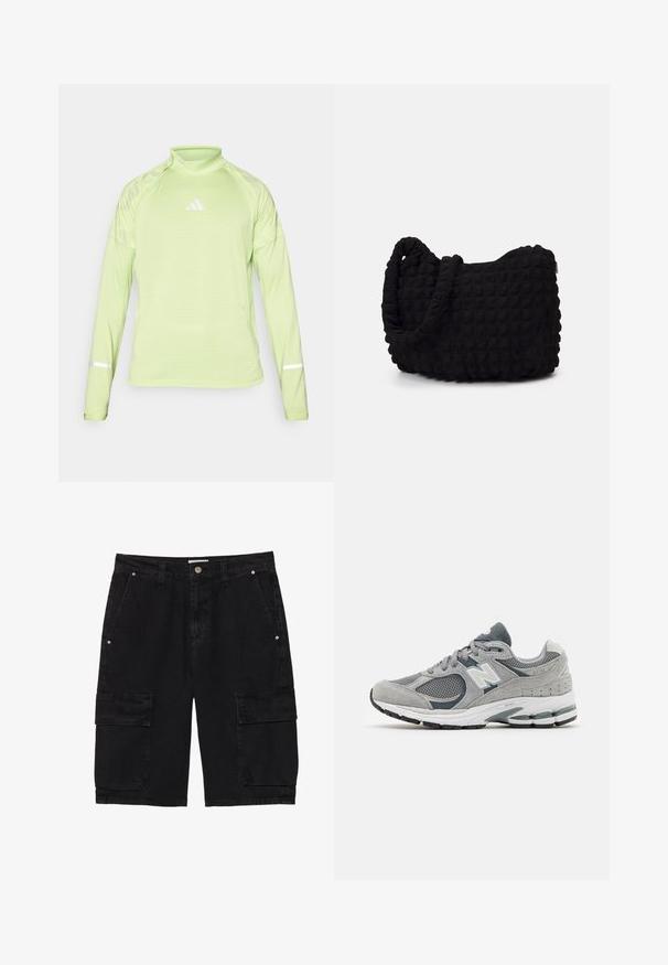 Maglietta sportiva a maniche lunghe verde chiaro con colletto alto, caratterizzata da un logo bianco e accenti riflettenti sui polsini. Realizzata in materiale testurizzato e traspirante.; Pantaloni cargo neri in denim, dotati di due tasche laterali e due tasche cargo con patta sulle gambe, con chiusura a bottone e passanti per la cintura.; Sneaker grigia realizzata in materiali mesh e suede, con logo bianco, colletto imbottito e suola in gomma texturizzata. Accenti in grigio più scuro.; Borsa in tessuto nero con un motivo trapuntato e texture. Forma arrotondata, manici corti e spessi, e una struttura morbida e flessibile.