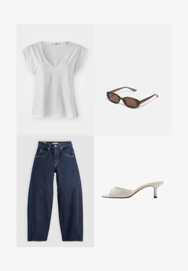 Vit V-ringad T-shirt med korta ärmar, tillverkad av mjukt bomullstyg. Har en enkel skärning och en något avslappnad passform.; Mörkblå denimjeans med en lös passform, ljusa sömmar, fem fickor och knappstängning vid midjan.; Vita öppna högklackade mules med en slät yta, minimalistisk design och en slank klack, med en subtil brun accent på sulan.; Bruna ovala solglasögon med mörka linser. Bågen har ett transparent brunt material och har en logotyp tryckt på stängerna.