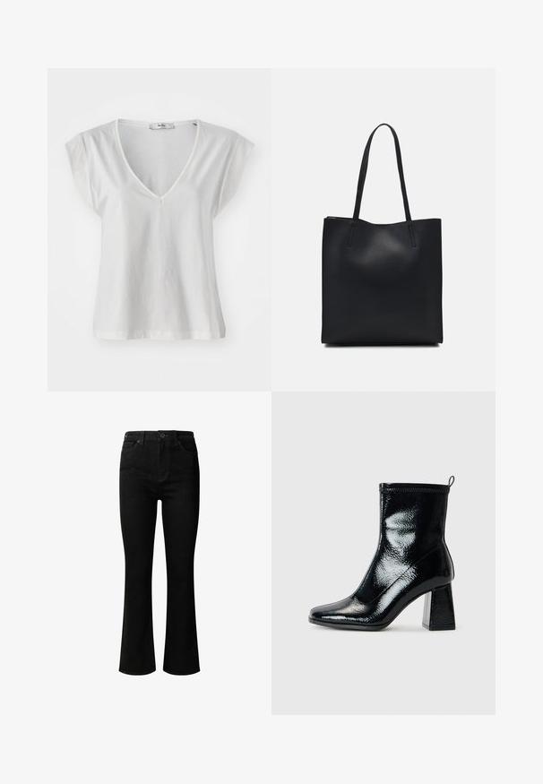 T-shirt bianco con scollatura a V e maniche corte, realizzato in morbido tessuto di cotone. Presenta un taglio semplice e una vestibilità leggermente rilassata.; Jeans neri a zampa d'elefante in denim, con vita alta, tasche frontali, passanti per cintura e un classico design a cinque tasche.; Stivale alla caviglia in vernice nera con punta quadrata e tacco geometrico spesso. Presenta una texture liscia e lucida e un'apposita linguetta sul retro per facilitare l'indossamento.; Borsa tote in pelle nera con texture liscia, forma rettangolare e due manici lunghi. Nessun hardware o decorazione visibile.