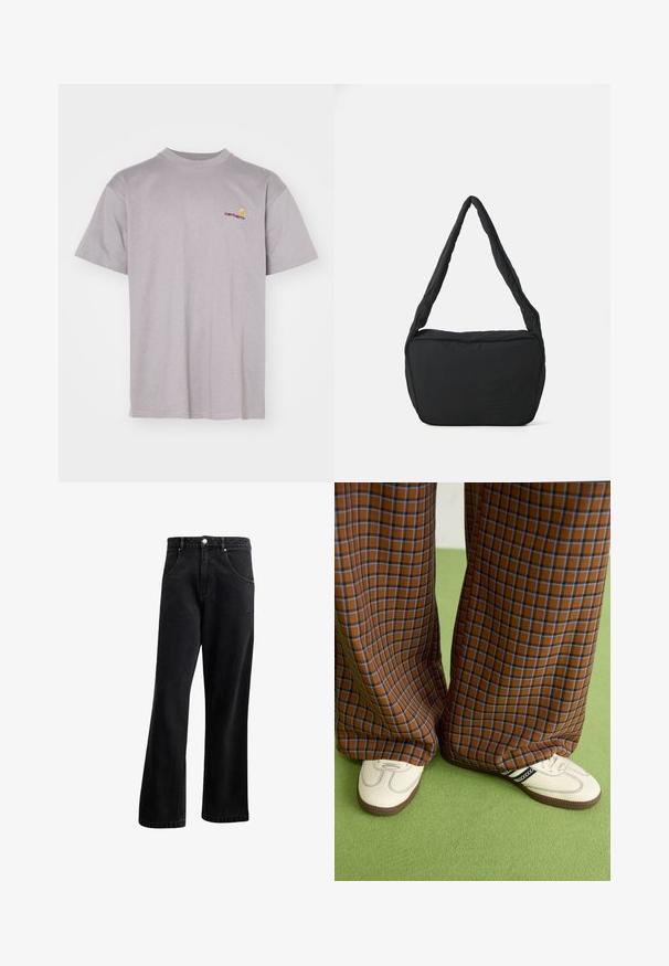 Graues Baumwoll-T-Shirt mit Rundhalsausschnitt. Verfügt über kurze Ärmel und ein kleines gesticktes Logo in Rot und Gelb auf der linken Brust.; Schwarze Denim-Jeans mit geradem Bein, ausgestattet mit Fronttaschen, einem Knopfverschluss und einer leichten Struktur. Inclusiv eines dezenten Logodetails.; Braun und blaue Karohosen mit weitem Bein, kombiniert mit weißen Schuhen mit schwarzen Akzenten und strukturierten Sohlen, vor einem grünen Hintergrund.; Schwarze Schultertasche mit gepolsterter Textur, runder Form und breitem Tragegurt, mit geprägtem Logo auf der Vorderseite.
