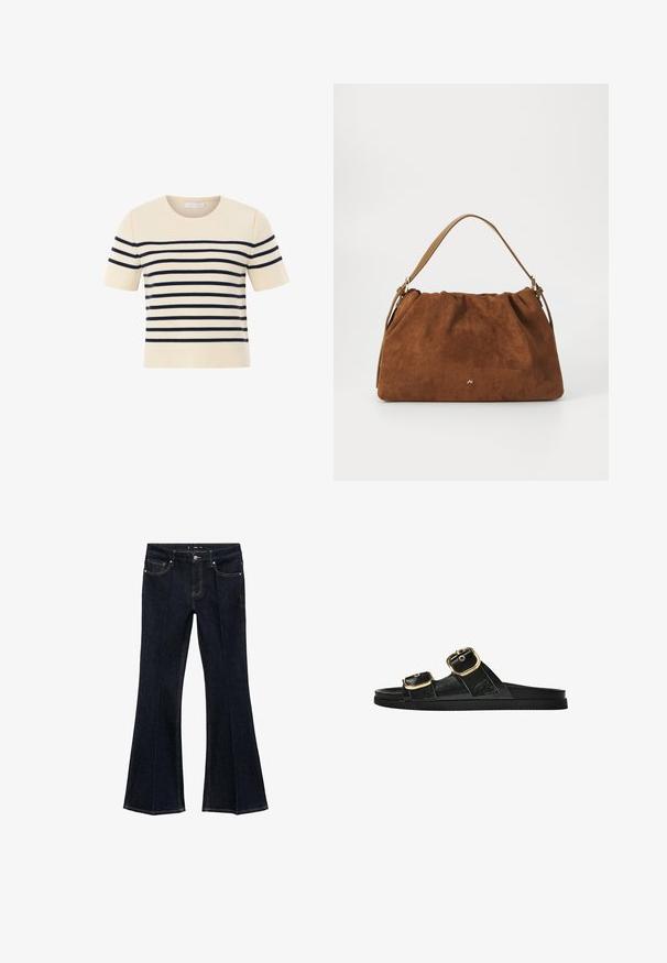 Cream short-sleeve sweater with navy horizontal stripes. Features a round neckline and ribbed cuffs and hem. Made from a soft knit material.; Dark blue denim jeans with high waist, front pockets, and flared wide legs, displayed flat on a white background.; Black slide sandal with two gold buckle accents, smooth textured material, flat sole, and a minimalist design.; Brown suede handbag with a gathered design, featuring a single tan leather strap and a subtle gold logo detail on the front.