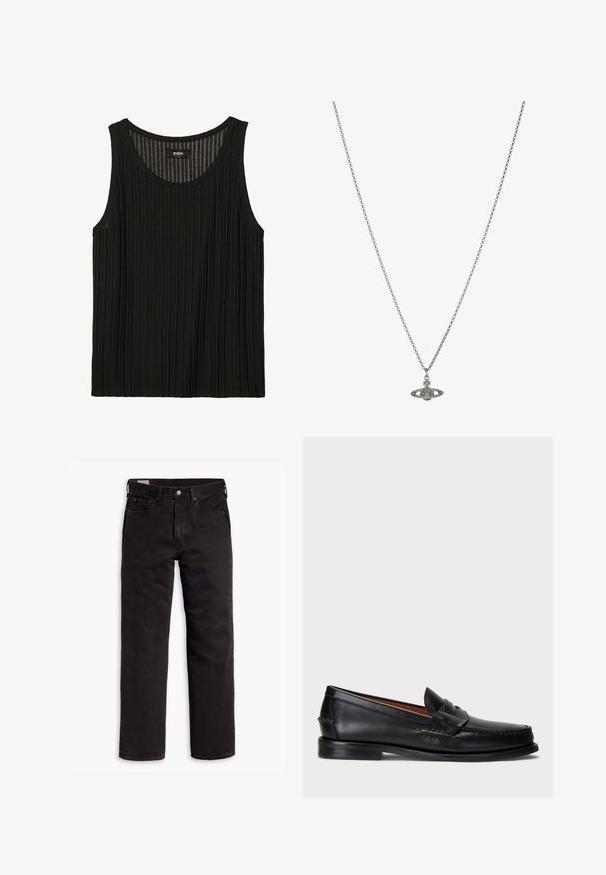 Zign Studio RIB TANK TOP - Top - black; Jeans de denim pretos de perna reta com cinco bolsos, fecho de botão e passantes para cinto, dispostos em uma superfície branca.; Sapato de couro preto tipo loafer com bico arredondado, detalhes em costura e faixa decorativa na frente. Sola plana com perfil mínimo.; Colar de corrente prateada com um pendente detalhado em forma de planeta, adornado com pequenos detalhes e padrões intrincados.