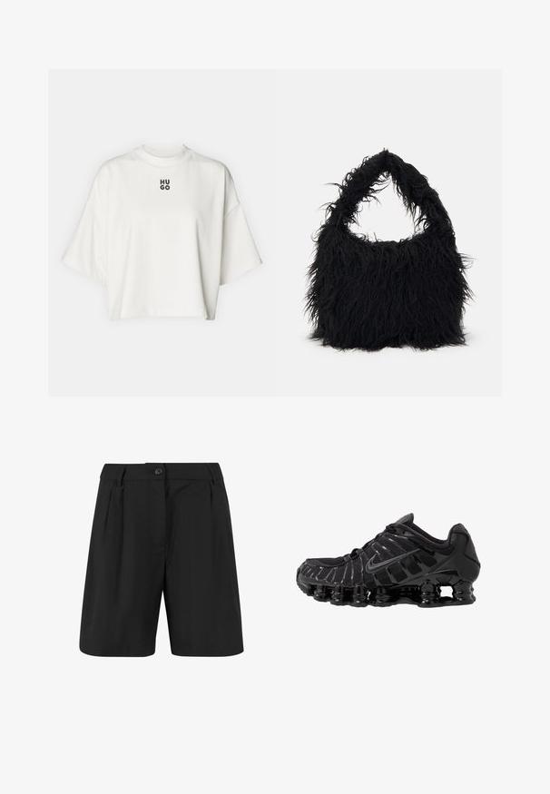 Bijela skraćena majica izrađena od mekog materijala, s okruglim izrezom i kratkim, širokim rukavima. U sredini se nalazi crni logo "HUGO" u podebljanom stilu.; Crne kratke hlače s krojem, koji uključuje prednje nabore, ravnu prednju stranu i jedan gumb za zatvaranje. Glatka tekstura tkanine.; Crne atletske cipele s mrežastim gornjim dijelom i sjajnim premazima. Imaju zakrivenu zavojnicu za amortizaciju i teksturirane linije sa strane. Vidljiv Nike logo.; Even&Odd Velika torba - black
