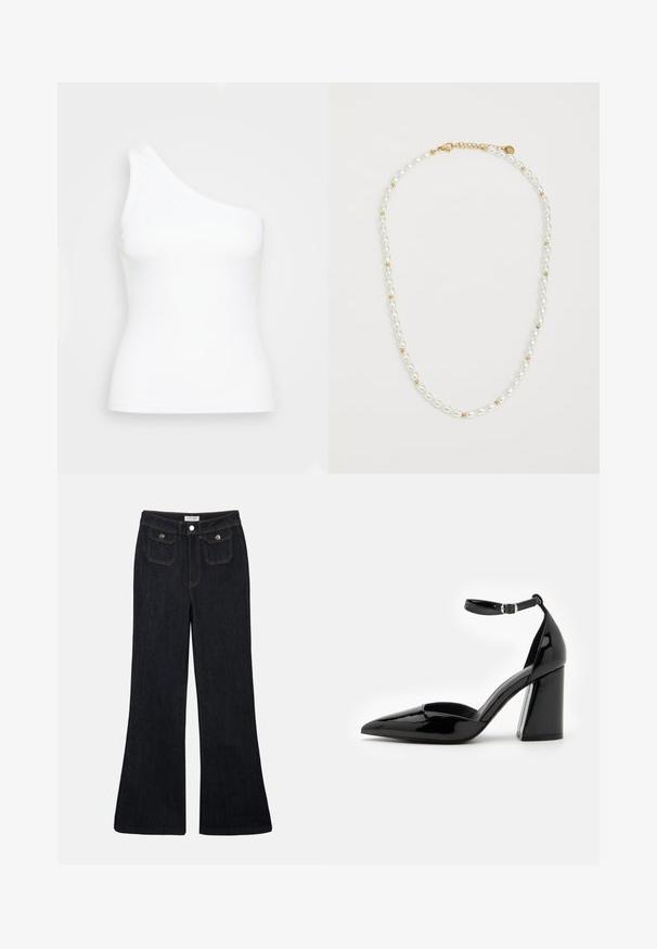 Hvid top med en skulder lavet af ribbet stof. Har en tætsiddende form og glat tekstur med et rent, minimalistisk design.; Cremefarvet kortærmet top med smocked tekstur, V-hals og knaplukning. Letvægtsstof med diskrete pufærmer.; Sorte denim jeans med høj talje, flared ben, to frontlommer og orange syninger. Materialet ser solidt og glat ud.; Sorte patenterede læder høje hæle med spids tå, ankelrem og bred blokhæle for stabilitet, med en glat og skinnende overflade.; Perlekæde med skiftende hvide ovale perler og små guldperler, med en guldspænde til lukning. Glat overflade generelt.