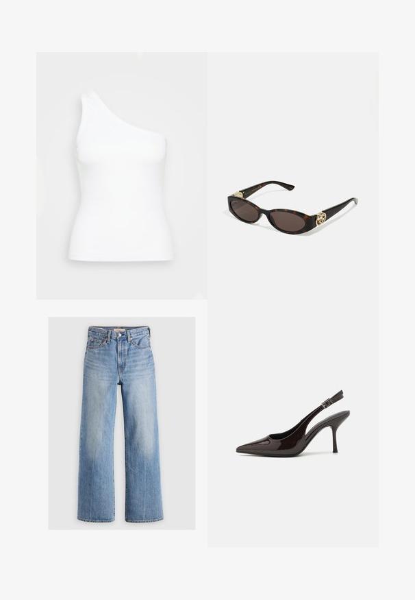 Ühe õlavarrega valge tank top, mis on valmistatud ribakanga materjalist. Omab kergelt formaalset lõiget ja sujuvat tekstuuri, millel on puhas ja minimalistlik disain.; Heledad sinine teksariidest laiad püksid, kõrge vöökoht, pleekinud alad, viis taskut ja kontrastne õmblus. Klassikaline nööp ja tõmblukk.; Kare kõrge kontsaga king, läikiv tumepruun lakknahast, terava nina, avatud külgedega ja reguleeritava pahkluuringiga.; Kilpkonnakilbi stiilis prillid piklik-ovaalsete läätsede, pruunika tooniga, kuldsete logo aktsentidega templitel ja elegantsed mustad varred.; Hõbedased rõngaskõrvarõngad, millel on sile, läikiv viimistlus. Ümmargune kuju ja turvaline klõpsulatus. Kerge disain, sobib igapäevaseks kandmiseks.