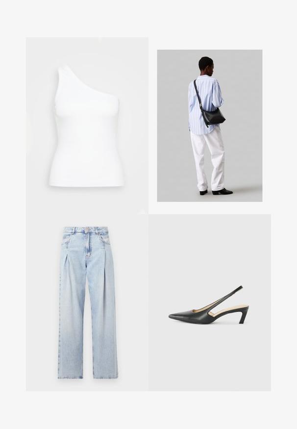 Jednobarevný bílý top na jedno rameno vyrobený z žebrovaného materiálu. Má přiléhavý střih a hladkou texturu s čistým, minimalistickým designem.; Světlé modré džíny z denimu s vysokým pasem, širokým střihem, dvěma bočními kapsami a nařaseným designem. Měkká textura s vybledlým povrchem.; Černý špičatý slingback s nízkým podpatkem, vyrobený z hladké kůže, s výřezem na boku pro lepší prodyšnost.; Černá kožená kabelka přes rameno s jemnou texturou, trojúhelníkovým tvarem a nastavitelným popruhem, v kombinaci se světle modrou pruhovanou košilí a bílými kalhotami.