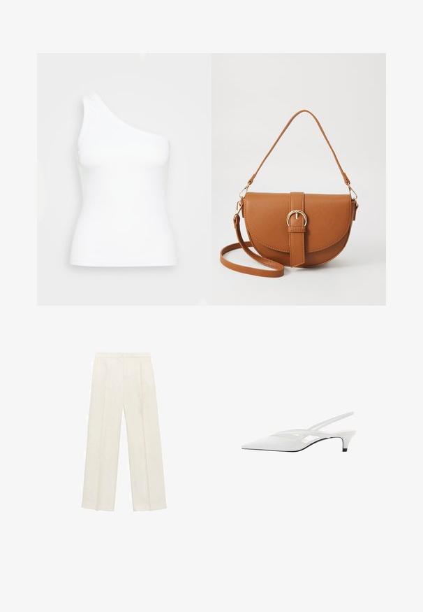 Jednobarevný bílý top na jedno rameno vyrobený z žebrovaného materiálu. Má přiléhavý střih a hladkou texturu s čistým, minimalistickým designem.; Kalhoty s širokými nohavicemi v světle krémové barvě. Vyrobené z hladké tkaniny s záhyby vpředu a bočními kapsami.; Bílé slingback podpatky se špičatou špičkou, s hladkým svrškem, jemnými výřezy a nízkým blokovým podpatkem. Černá podrážka zvýrazňuje design.; Hnědá kožená křížová taška s zakřiveným tvarem, zlatými detaily a akcentem s přezkou. Obsahuje odnímatelný popruh na rameno.