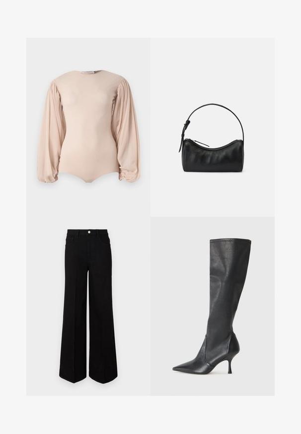 Natúr színű, hosszú ujjú bodysuit puffos ujjakkal és kerek nyakkivágással. Puha, rugalmas anyagból készült, sima textúrával.; Fekete, bő szárú farmernadrág, strapabíró anyagból készült, magas derékkal, elülső zsebekkel és elöl gombos záródással. Lapos szegély az alján.; Térd fölötti fekete bőr csizmák hegyes orral és karcsú stiletto sarkal. Simább textúrájúak, jól illeszkedő kialakítással és varrással a tetején.; Fekete bőr válltáska ívelt formával, cipzáros záródással és vékony pánttal. Simaságot és diszkrét varrási részleteket kínál.