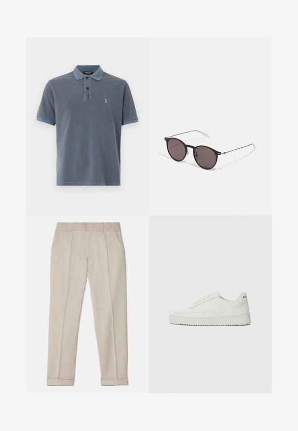 Polo in tessuto blu scuro con finitura texturizzata, tre bottoni, maniche corte e un piccolo logo ricamato sul petto.; Filippa K TERRY CROPPED TROUSERS - Pantaloni - sage melange; Sneaker in pelle bianca con una finitura liscia, punta rotonda, lacci piatti e suola testurizzata. Presenta un logo discreto sul tallone.; Occhiali da sole neri rotondi con lenti scure e sottili bracci in metallo. Include punte trasparenti e accenti argentati alla cerniera. Design minimalista.