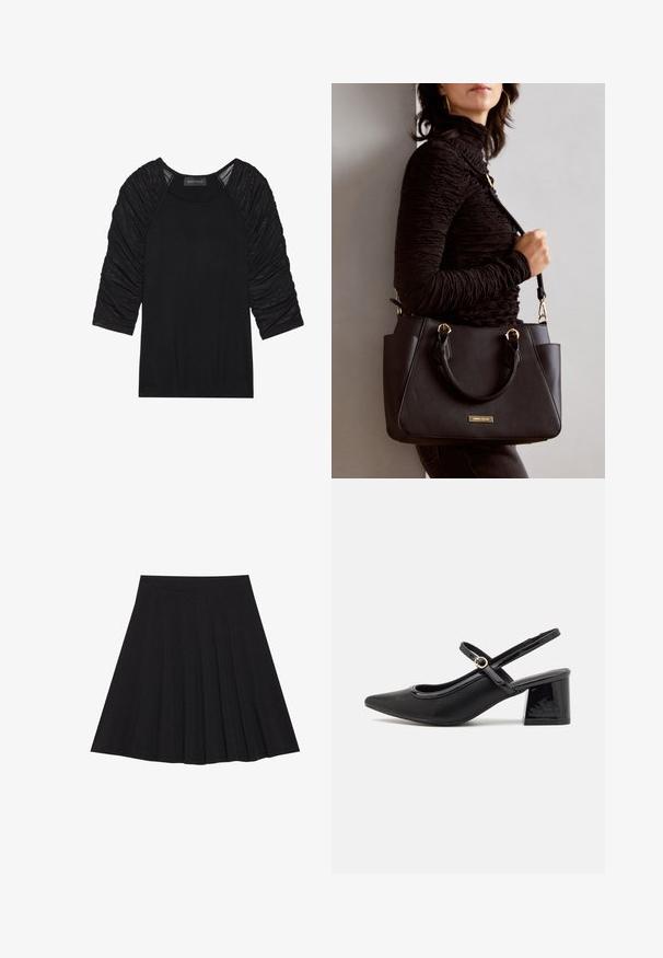 Black top with three-quarter length sleeves. The sleeves feature gathered, textured fabric. The body is smooth and fitted. Label reads "ANNA FIELD."; Black pleated skirt made of textured fabric with a fitted waistband. Falls to knee length, featuring a smooth, clean silhouette.; Black patent leather slingback heels with a pointed toe, a rounded cutout design, and a block heel. Features a gold-tone buckle accent.; Black handbag with textured surface, dual top handles, and adjustable shoulder strap. Features gold-tone hardware and side pockets.