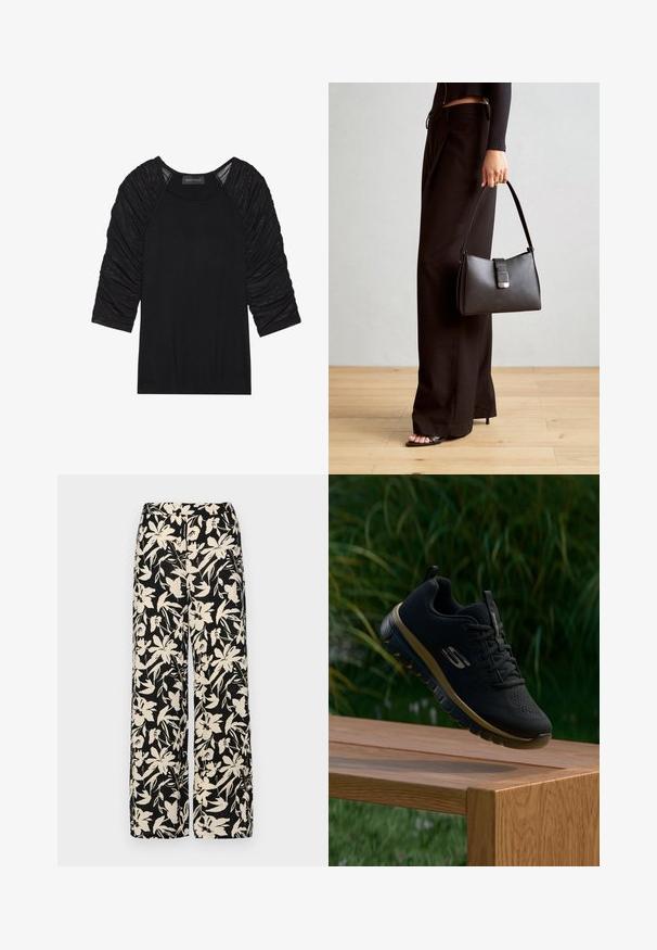 Crna majica s rukavima do tri četvrtine. Rukavi imaju naboranu, teksturiranu tkaninu. Telo je glatko i priljubljeno. Oznaka glasi "ANNA FIELD."; Crne široke hlače s kremastim cvjetnim uzorkom. Izrađene od lagane tkanine, sa glatkom teksturom i visokim pojasom.; Crna sportska cipela s teksturiranim mrežastim gornjim dijelom, vezicama i podstavljenim potplatom. Ima zlatni akcent duž potplata i logotip sa strane.; Crna torba s oblikom koji sadrži strukturu, glađu teksturu i metalnu kopču. Uparena s širokim crnim hlačama i sandalama na otvorenom s drvenog poda.