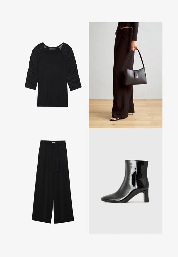 Czarny top z rękawami o długości trzech kwart. Rękawy mają marszczony, teksturowany materiał. Koronka jest gładka i dopasowana. Metka informuje "ANNA FIELD."; Czarne spodnie szerokie z teksturowanej tkaniny, z elastycznym paskiem w talii i odpinanym paskiem w talii dla regulowanego dopasowania.; Czarne lakierowane botki za kostkę z wysmukłym noskiem i średniej wysokości obcasem w kształcie słupka. Gładka tekstura i minimalistyczny design.; Czarna torebka o usztywnionym kształcie, gładkiej fakturze i metalowym zapięciem. Połączona z szerokimi czarnymi spodniami i sandałami na otwartym palcu na drewnianej podłodze.