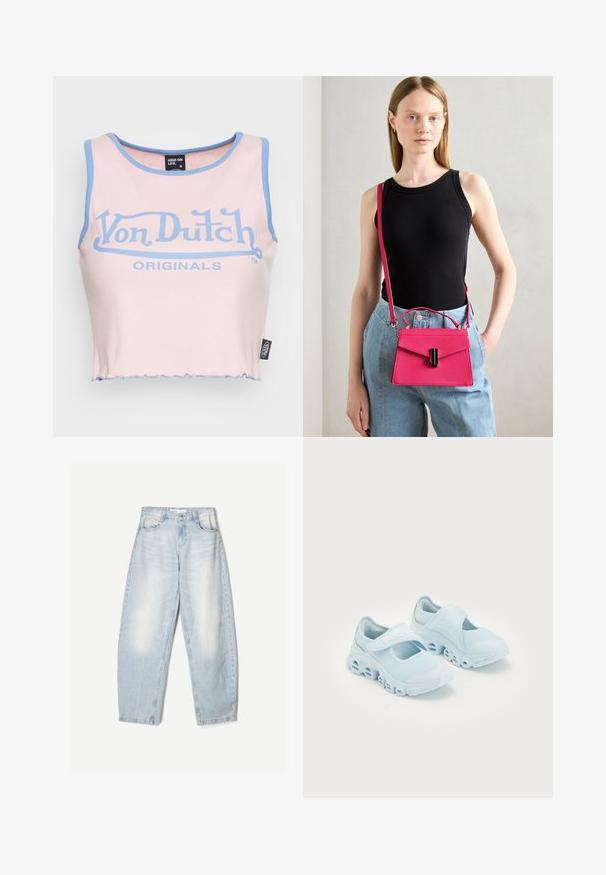 Roza rebrasta kratka majica s svetlo modrim obrubom in velikim modrim logotipom "Von Dutch". Ima surov rob in oznako na strani.; Svijetloplave traperice slobodnog kroja, s izbjeljenom završnom obradom, dva prednja džepa i kopčom na gumbe na pojasu.; Svetlo modri športni copati z mrežasto tkanino, izrazitimi izrezi v podplatu in Velcro trakom čez vrh za varen oprijem.; Roza strukturirana torbica za čez ramo s poklopcem in črnimi dodatki. Nosi se čez telo z dolgim pasom. Gladka tekstura.