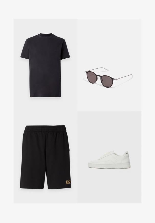 Čierne bavlnené tričko s okrúhlym výstrihom, krátkymi rukávmi a embosovaným logom na hrudi. Hladká textúra, uvoľnený strih.; Čierne športové šortky vyrobené z jemného materiálu, s elastickým pásom a malým žltým logom EA7 na dolnej ľavej nohe.; Biele kožené tenisky s hladkým povrchom, okrúly špičkový dizajn, ploché šnúrky a textúrovaná podrážka. Obsahujú jemné logo na päte.; Čierne okrúhle slnečné okuliare s tmavými sklami a tenkými kovovými ramenami. Obsahujú priehľadné konce rámov a strieborné akcenty na pántoch. Minimalistický dizajn.