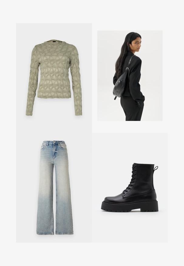 Ilgomis rankovėmis palaidinė, neryškiai žalia, su reljefiniu pakeltų deimantų raštu. Minkšta medžiaga su subtiliu blizgesiu ir apvaliu iškirpimu.; Šviesiai mėlynus plačius džinsus, pagamintus iš džinsinio audinio, su aukštu liemeniu, penkiomis kišenėmis ir matomais siūlėmis.; Juodos odinės aulinukės su apvalia nosimi, raišteliais priekyje ir storesniu guminio pado apačioje su tekstūruotu raštu. Priekyje yra kilputė.; Moteris su ilgais tamsiais plaukais, vilkinti juodą kostiumą, nešanti juodą odinę rankinę per petį, žvelgia per petį prieš balto fono.; Sidabrinės pusmėnulio auskarai minimalistiniu dizainu. Apskritimo forma, lygus paviršius ir plonas profilis. Lengvi su poliruotu apdailu.