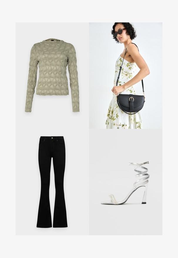 Ilgomis rankovėmis palaidinė, neryškiai žalia, su reljefiniu pakeltų deimantų raštu. Minkšta medžiaga su subtiliu blizgesiu ir apvaliu iškirpimu.; Juodos aukšto liemens džinsai su mygtuku ir užtrauktuku, priekinėmis kišenėmis ir platėjančiomis kojomis, išdėstyti ant baltos fono.; Sidabrinė aukšto kulno sandalai su blizgiu diržo dizainu, featuring perlo panašus akcentas ir spiralinė kulkšnies dirželis saugiam prisitaikymui.; Juodas odinis krepšys su išlenkta forma, nuimamu dirželiu ir auksiniais detalėmis. Krepšys turi kilpą su sagtimi.