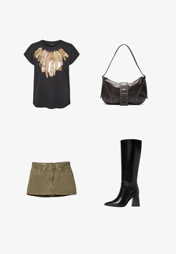 Černé tričko s krátkým rukávem, které má design pírka se zlatými a béžovými akcenty přes hruď. Lehký bavlněný materiál.; Khaqi zelená denimová mini sukně s předními kapsami, rovný střih a zapínání na knoflík. Měkká textura s viditelnými švy.; Černé kožené boty po kolena s špičatou špičkou, hladkým povrchem a robustním vroubkovaným podpatkem pro stabilitu. Elegantní design s minimálními akcenty.; Hnědá kožená taška přes rameno s zakřiveným tvarem, s výrazným detailem přezky, kontrastním prošíváním a jedním popruhem na rameno.