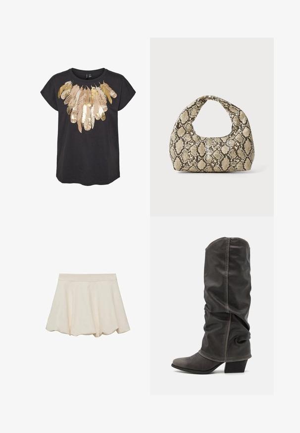 Mustassa lyhythihaisessa t-paidassa on sulkakuviotus, jossa on kultaisia ja vaaleanbeigejä yksityiskohtia rinnassa. Kevyt puuvillamateriaali.; Hame vaale beige-värinen, pehmeä ja sileä tekstuuri, levenevä muotoilu ja aaltomaisesti leikattu helma. Varustettu leveällä elastisella vyötärönauhoilla mukavuutta varten.; Harmaat nahkasaappaat, jotka ulottuvat vasikan korkeuteen, löysällä muotoilulla, terävällä kärjellä ja kasattulla korolla. Huomattava ompelutaito kärkialueella.; Käärmeennahkakuosiset käsilaukku, jossa on kaareva kahva. Tehty teksturoiduista beigeistä ja ruskeista materiaaleista, joissa on erottuva timanttikuvio.