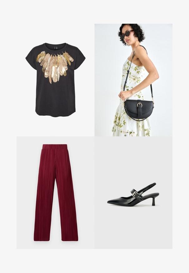 Svart t-skjorte med korte ermer som har et fjærdesign med gull- og beigeakenter over brystet. Lett bomullsmateriale.; Burgunderfargede, plisserte vide bukser med elastisk linning. Den teksturerte stoffer har vertikale striper. Rett snitt ned til nederste. ; Svarte patent lær slingback hæler med spiss tå og en liten blokkheel, med en sølvspenne som detalj på stroppen.; Svart lærveske med en buet form, avtagbar stropp og gullbeslag. Vesken har et klaff med spenne-detall.