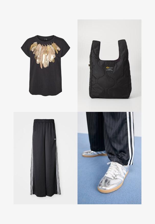 Čierne tričko s krátkymi rukávmi s motívom pierka v zlatých a béžových akcentoch cez hruď. Ľahký bavlnený materiál.; Čierne široké nohavice s vertikálnymi bielymi pruhmi, elastický pás a tri biele pruhy po stranách. Logo Adidas vpredu.; Metalické strieborné tenisky s bielymi šnúrkami a tromi bielymi pruhmi, v kombinácii s čiernymi pruhovanými nohavicami. Na spodnej strane je gumová podrážka.; Čierna prešívaná kabelka s veľkým otvorom, zakrivenými tvarmi na povrchu a štítkom so žltým a bielym textom na prednej strane.