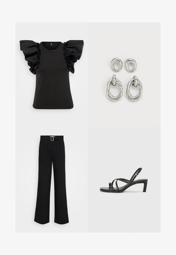 Juodas trumpomis rankovėmis marškinėliai, kurių didelės, klostuotos permatomos medžiagos rankovės. Pagaminti iš minkštos medžiagos, turi apvalią kaklo iškirptę ir prigludusį siluetą.; Juodi plačių kojų kelnės, pagamintos iš lengvos medžiagos, turinčios lygią tekstūrą, priekiniais klostėmis ir diržu su kvadratine metaline sagtimi.; Juodi šlepetės su kvadratiniu pirštu ir žemu bloku kulnu. Yra keli ploni dirželiai ir reguliuojamas kulkšnies diržas. Pagaminti iš lygios odos.; Sidabro spalvos metaliniai auskarai, turintys du dizainus: suktas apvalus žiedas ir lygus apvalus įrankis. Atspindintis paviršius padidina eleganciją.