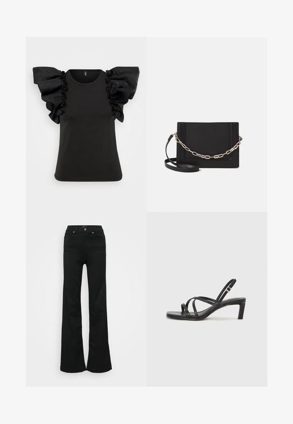 Svart kortermet t-skjorte med store, volangaktige gjennomsiktige stofferm. Laget av mykt materiale med rund hals og kroppsnær passform.; Svarte utsvingte jeans laget av denim, med høy midje, fem lommer og metallknapplukking. Glatt tekstur med minimal detaljering.; Sorte sandaler med stropper, firkantet tå og lav blokk hæl. Har flere tynne stropper og en justerbar ankelstropp. Laget av glatt lær.; Svart lær crossbody-veske med glatt tekstur, rektangulær form og metallkjede detaljer på framsiden. Justerbar stroppe inkludert.