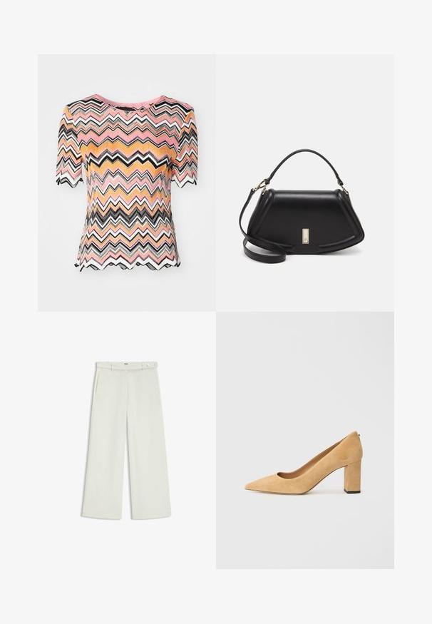 T-shirt à manches courtes avec un motif en zigzag comprenant des couleurs rose, orange, noir et blanc, fabriqué en tissu texturé avec un ourlet festonné.; Pantalons à jambes larges en tissu crème clair, dotés de poches latérales, d'un devant plat et d'une fermeture à un bouton à la taille. Texture lisse.; Pumps à talons hauts en daim beige avec un bout pointu et un talon large. Le matériau a une texture douce avec une finition lisse.; Sac à main en cuir noir avec un design structuré, featuring une forme cropped, une poignée supérieure et des accents en matériel doré. Bandoulière réglable incluse.
