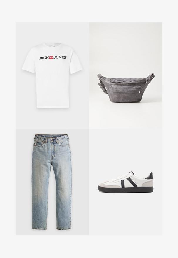 Valkoinen puuvillainen t-paita, jossa on suuri musta "JACK & JONES" -logo punaisella laatikkokorostuksella. Lyhyet hihat ja klassinen pyöreä kaula-aukko.; Vaaleansininen farkut, joissa on korkea vyötärö, etunappi, vetoketju ja viisi taskua, asetettu tasaisesti neutraalille taustalle.; Valkoiset lenkkarit mustilla ja harmailla yksityiskohdilla, joissa on teksturoitu harmaa kärki, musta kumipohja ja litteät valkoiset nauhat. Siisti muotoilu, minimalistinen tyyli.; Harso harmaa samettinen vyölaukku pyöreällä muotoilulla, kahdella vetoketjullisella osastolla ja säädettävällä hihnalla. Varustettu metallisilla varusteilla.